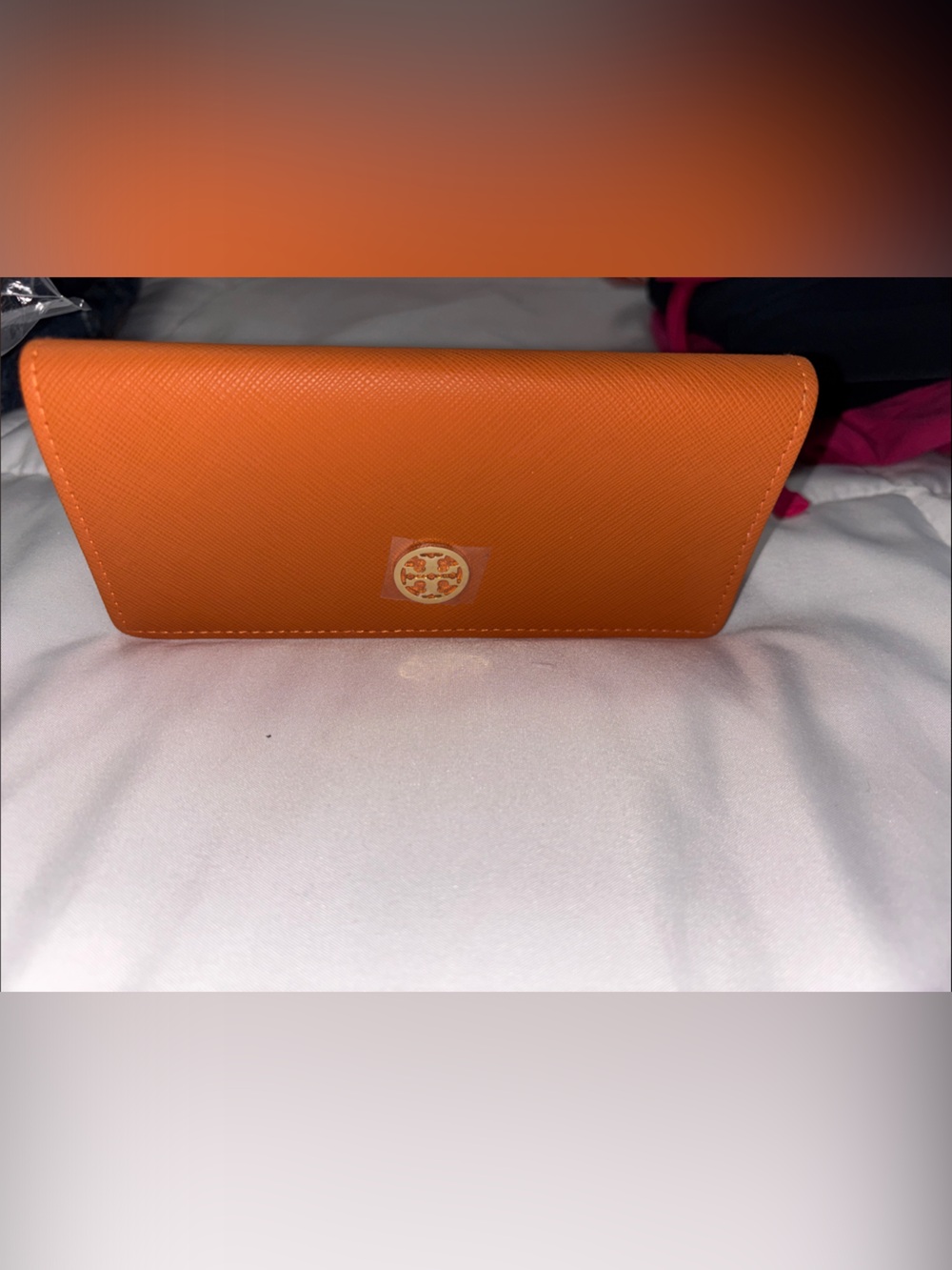 Tory Burch Orange Saffiano Continental Wallet w Logo Medallion eyeglasses case